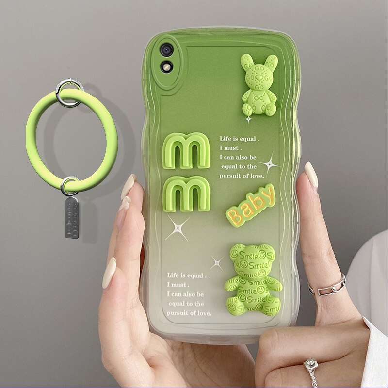 Andyh Desain Baru Untuk Xiaomi Redmi 9A Case 3D Cute Bear+ Gelang Warna Solid Fashion Premium Gradien Lembut Casing Ponsel Silikon Shockproof Casing Pelindung Penutup Belakang