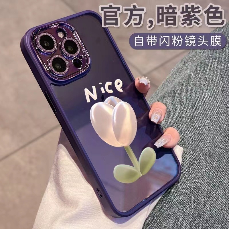 IPHONE Efek 3D Bunga Tulip Transparan Warna Solid Bling Glitter Pelindung Kaca Lensa Kamera Phone Case Full Protection Covers Untuk Iphone11 12 13 14 PLUS PRO MAX