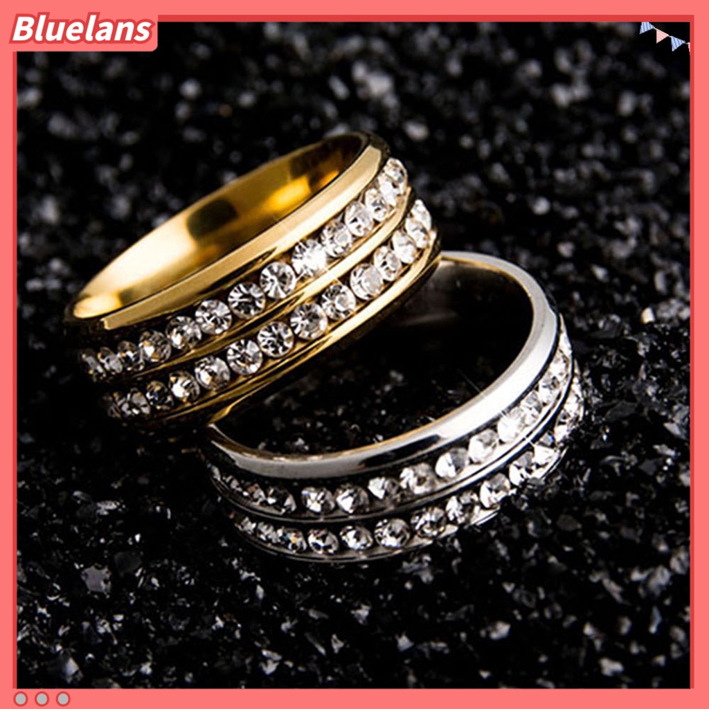 [BLS] Cincin Lebar-Lebar Fadeless Titanium Steel Baris Ganda Berlian Imitasi Perhiasan Unisex Untuk Pesta Pernikahan
