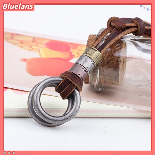 [BLS] Fashion Pria Retro Faux Leather Cord Double Circle Cincin Liontin Kalung Hadiah