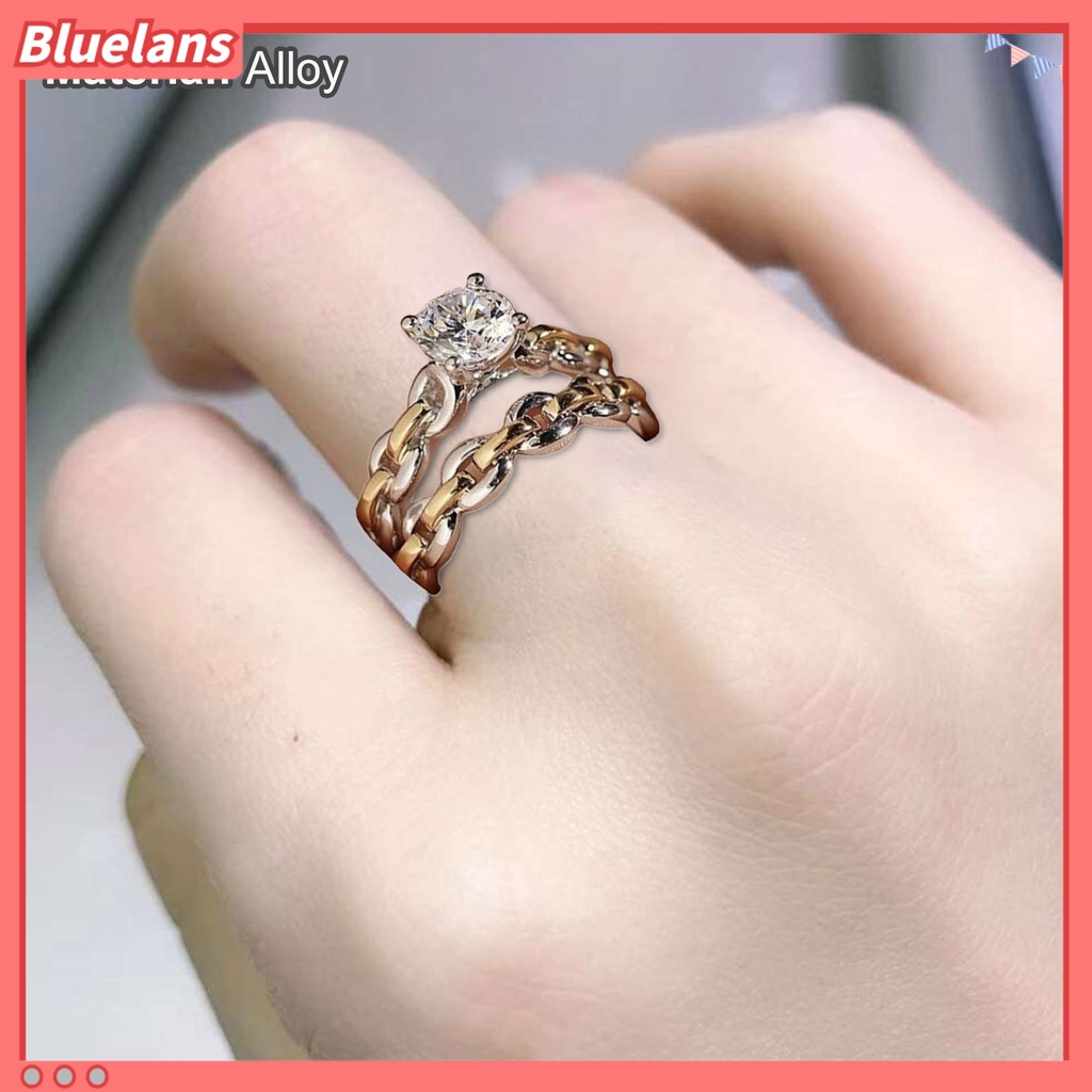 [BLS] 2pcs /Set Rantai Permukaan Halus Pernikahan Band Alloy Two-tone Berlian Imitasi Wanita Rings Charm Jewelry