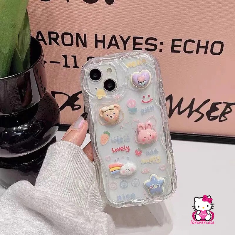 IPHONE Casing 3D Wavy Curved Edge Soft Glossy Kompatibel Untuk Iphone11 14 12 13 Pro Max 7 8 6 6s Plus XR XS X Max SE 2020 Kartun DIY Boneka Lucu Beruang Monster Star Rabbit Rainbow Phone Cover