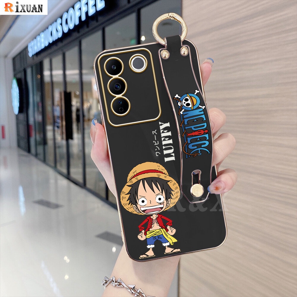 Vivo V27e V25e V21 V23e V21e V19 NEO IQOO Z7X Y50 Y30i Y30 Y51 2021 Y31 Y53S S1 T1 Y85 V9 Kartun Anime Luffy Mewah Berlapis Chrome Lembut TPU Square Phone Case Dengan Gelang RIXUAN