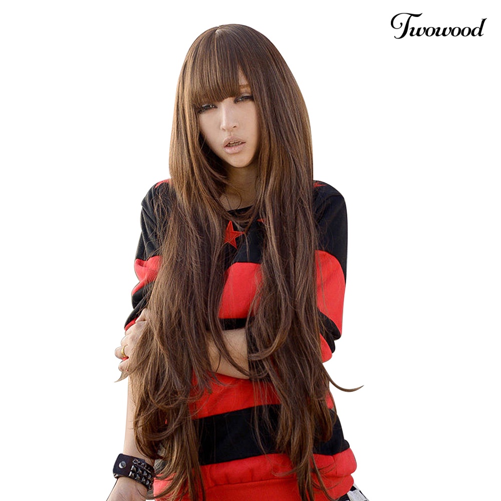 Twowood Wanita 80cm Fashion Panjang Keriting Bergelombang Gaya Cosplay Wig Rambut Penuh Dengan Poni Rapi