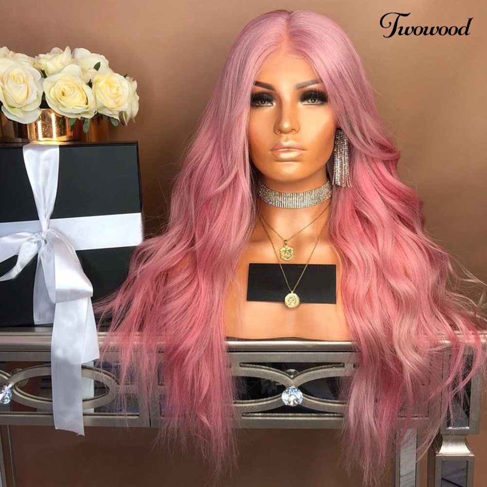 Twowood Fashion Pink Panjang Bergelombang Belah Samping Wig Alami Wanita Cosplay Pesta Sopak