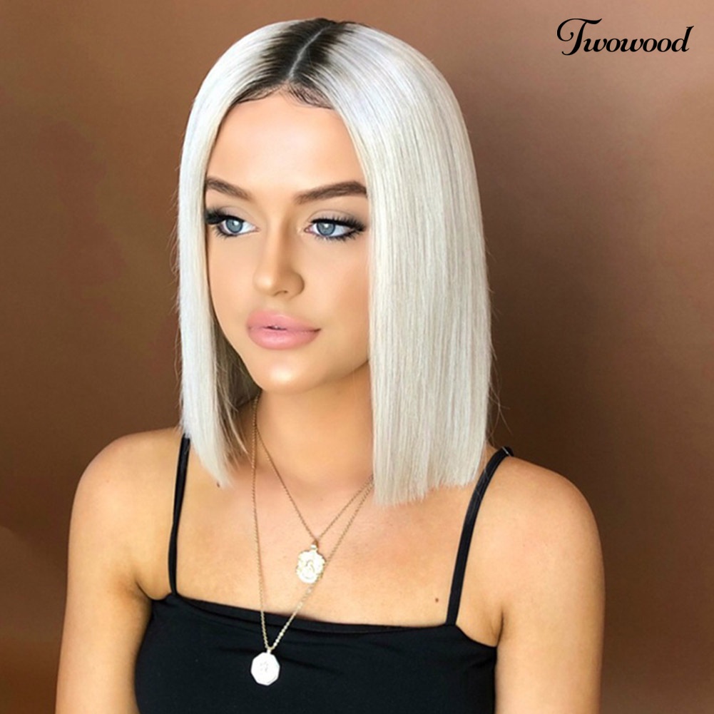 Twowood Fashion Wanita Hitam Putih Gradien Rambut Lurus Tahan Panas Wig Sintetis