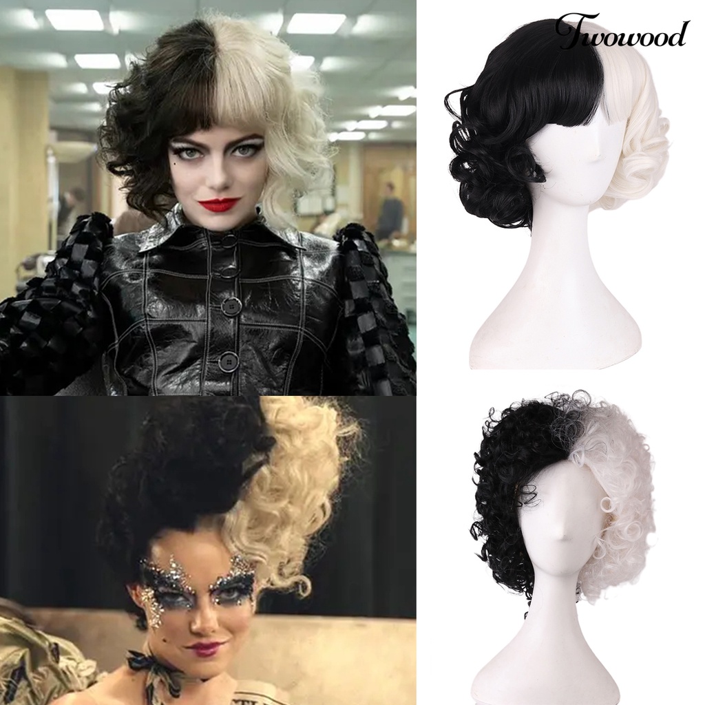 Twowood Cruella Wig Vivid Styles Wavy Skin-Friendly Deville Cosplay Wig Curly Half White Black Wig Untuk Perempuan