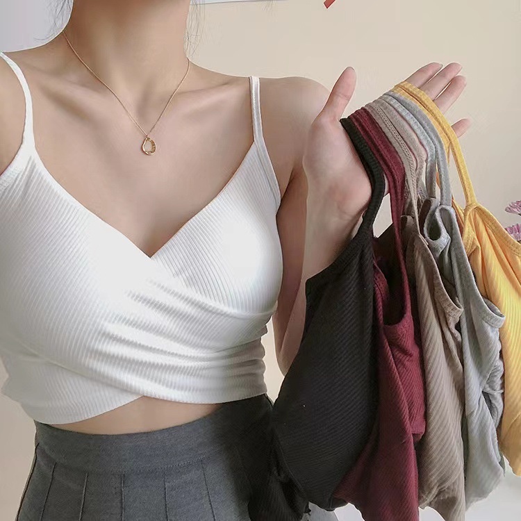 SS Tank Top Wanita 6813 Crop Top Model Silang Bralette Tank Top Cross Twist Tank Top Dengan Cup Tanpa Kawat Korean Girl Style