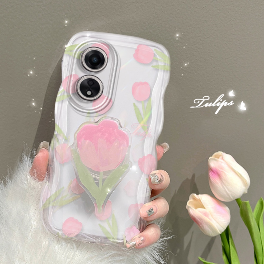 IPHONE Case Fashion Kompatibel Untuk Iphone7 14 8 6 6s Plus 11 14 12 13 Pro Max X 7Plus XR XS Max SE 2020 Fresh Minimalis Tulip 3D Wavy Curved Edge Phone Cover Dengan Bracket Bunga BY