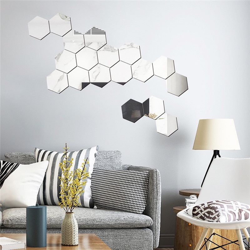 Stiker Dinding Akrilik Hexagon Mini/ Self Adhesive Reflektif Mirror Wall Decals/ Perlengkapan Dekorasi Backdrop Ruang Tamu