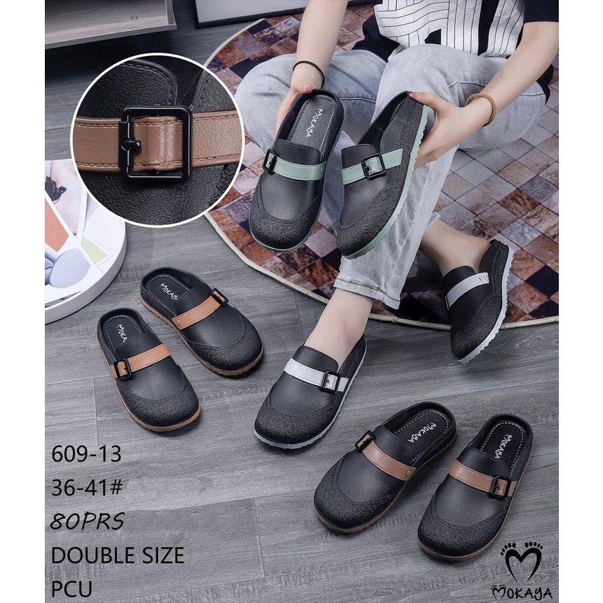 Sandal Slop Jelly Mules Wanita Ban Motif Gesper Hitam Kotak Super Pretty Casual Import Mokaya / Size 36-41 (609-13)