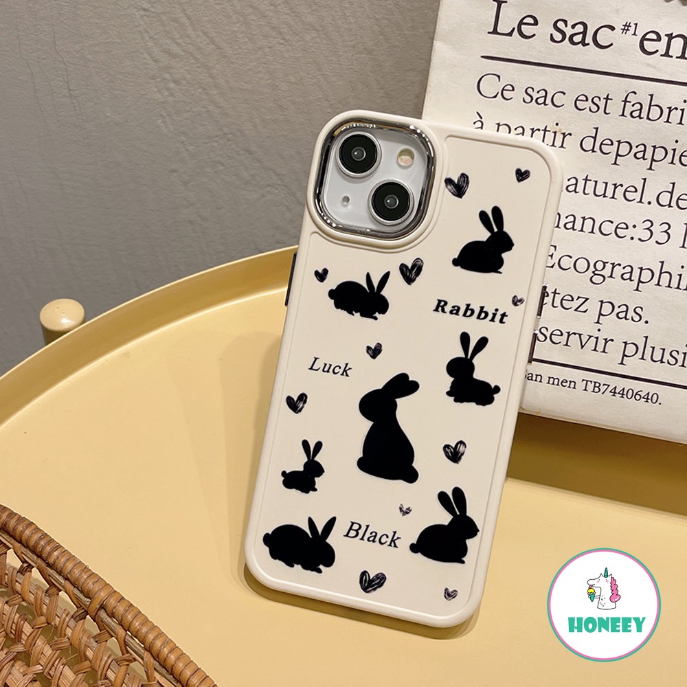 Casing Motif Love Rabbit Full Layar Gaya Untuk iPhone 11 Pro Max12 13 14 Pro Max7 8Plus Xr Xs Motif Hitam Sederhana Shockproof Back Cover