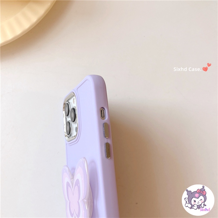 IPHONE Kompatibel Untuk Iphone11 14 13 12 Pro Max8 7Plus X Xs Xr Xs Max SE2020 Electroplated Lens Frame Protection Simple Purple Butterfly Fashion Phone Case+Braket Lembut Anti Jatuh Cover