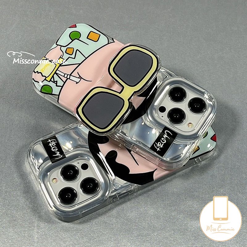 IPHONE Keren Memakai Sunglasse Crayon Shin-chan Kartu Laser Casing Bening Kompatibel Untuk Iphone11Xr12 13 14 Pro Max7 8 Plus 6 6S 7 8 Plus X XS MAX SE 2020lembut 3D Bergelombang Melengkung Sarung Mewah