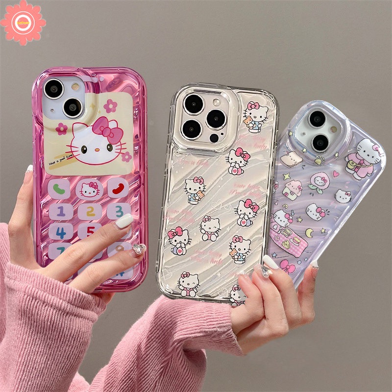 IPHONE Casing Kartu Laser Kerut Stereo 3D Kompatibel Untuk Iphone11Xr 7Plus 13 14 12 Pro Max7 8 6 6S Plus X XS MAX SE 2020kartu Kartun Hello Kitty Vintage Digital Tombol Ponsel Soft Cover