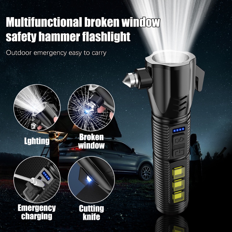 Lampu Kerja Isi Ulang USB Portabel Multifungsi LED Torch Outdoor Emergency Mobil Penjebol Jendela Safety Hammer Senter