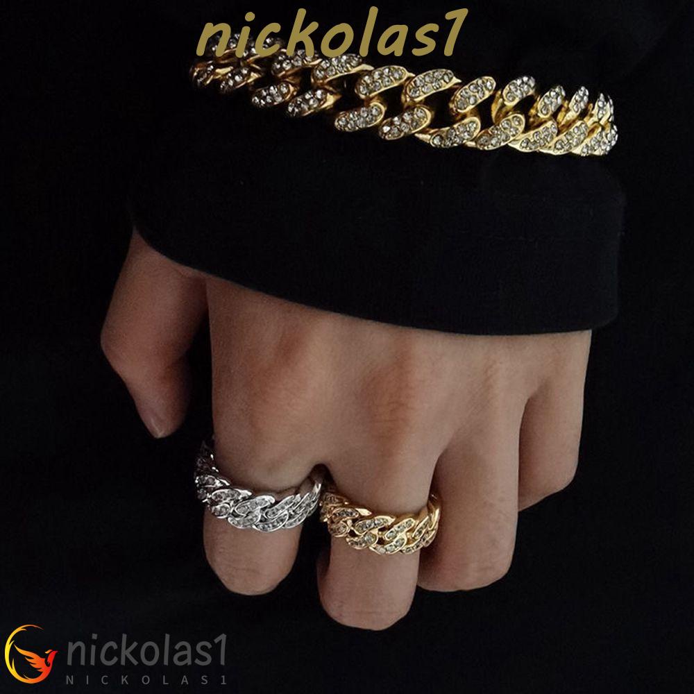 Nickolas1 Pria Cincin Pasangan Cincin Kepribadian Retro Kuba Rantai Ekor Cincin Geometris Logam Berlian Imitasi Zirkon Pria Jari Cincin