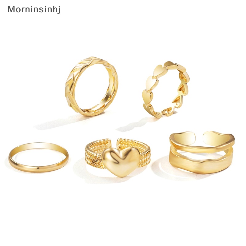 Mornin 5Pcs /Set Punk Metal Geometric Ring Set Untuk Wanita Vintage Minimalis Metal Wide Knuckle Ring Finger Perhiasan Hadiah id