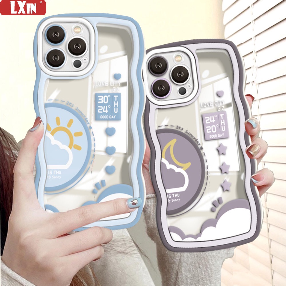 Casing Realme C53 C55 C21Y C25Y Realme 10c11 C33 C35 C31 C30 C30s 9i 8i 6i 5 7i C15 C25 C12 C11 C20 C3 C2 C1 Narzo 50 Prime Motif Awan Matahari Bulan Lucu Wavy Edge Bening Couple Case