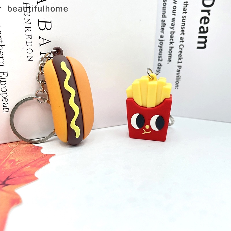 {beautifulhome} 1pc Gantungan Kunci Makanan Lucu Hamburger Kentang Goreng Hot Dog Pizza Key Chain Ring Tas Siswa Ransel Liontin Hadiah Anak Aksesoris Gantung.