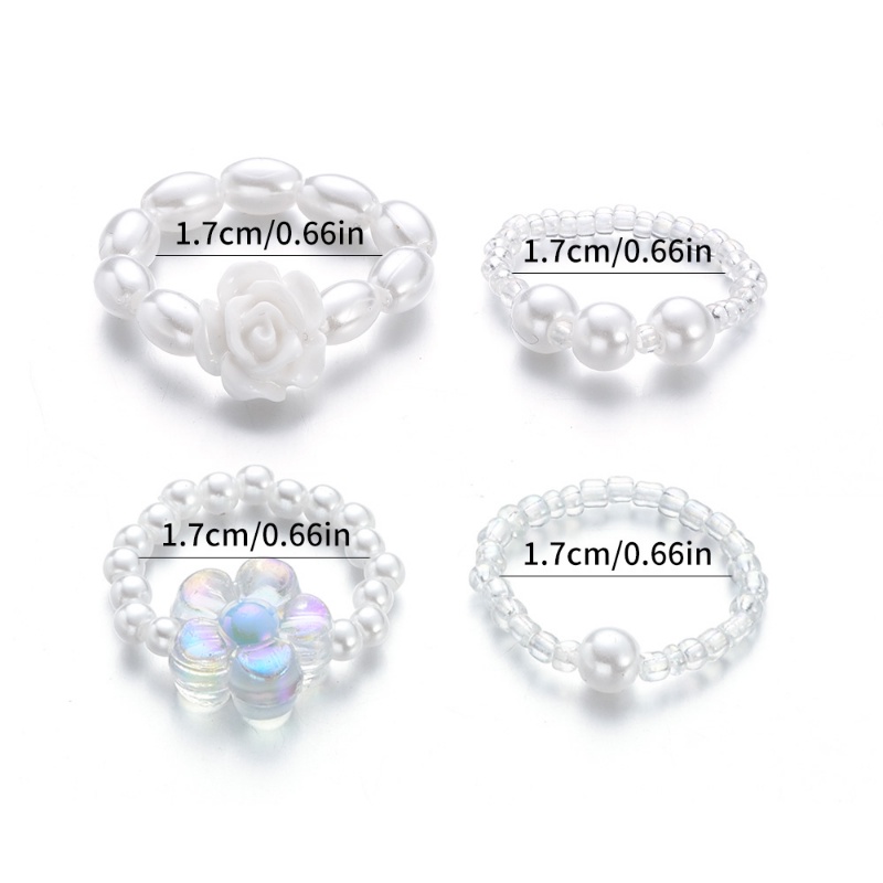 Cincin Bunga Mutiara Camellia Flower Ring Gadis Vintage Adjustable Fashion Jewelry 2Pcs /Set Pearl Rings Elastis Manik-Manik