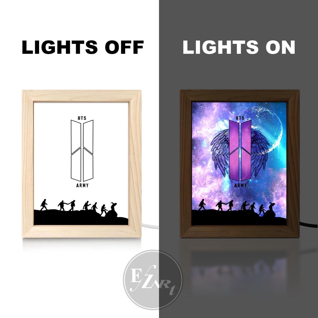 Edisi BTS Army - Light Painting Art Frame Bingkai Lukisan Menyala Lampu LED Material Kayu Asli Untuk Dekorasi Meja Kamar Aesthetic Cocok Jadi Kado Hadiah