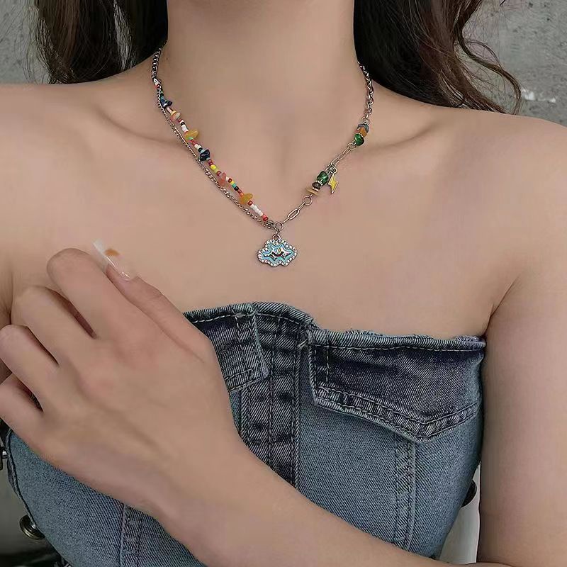 Unik All-Match Kalung Awan Senyum Batu Warna-Warni Perempuan Manis Keren Niche Desain High-End Rantai Klavikula Influ