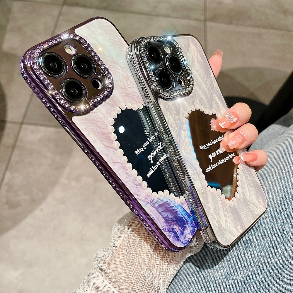 IPHONE Gadis Berlian Berkilau Perhiasan Make Up Cermin Ponsel Case Untuk Iphone13 14 Pro Max14 Plus Mewah Plating Dream Shell Bumper Cove