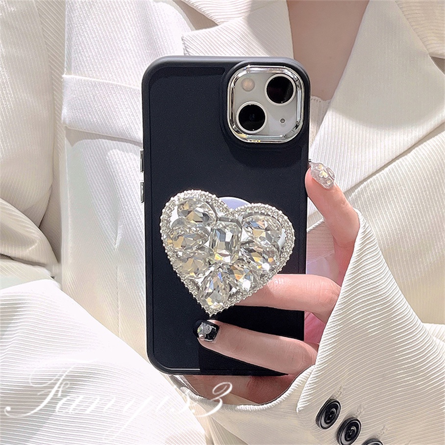 Compatible For iPhone 14 13 12 11 Pro Max X XR Xs Max 8 7 Plus Kompatibel Untuk Hitam Dan Putih Kristal Love Phone Case Lembut Cover Pelindung Dengan Bracket