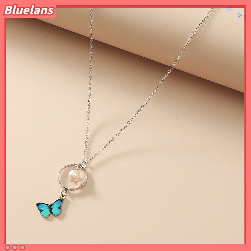 [BLS] Kepribadian Fashion Warna-Warni Kupu-Kupu Lingkaran Liontin Mutiara Serangga Kalung Rantai Klavikula