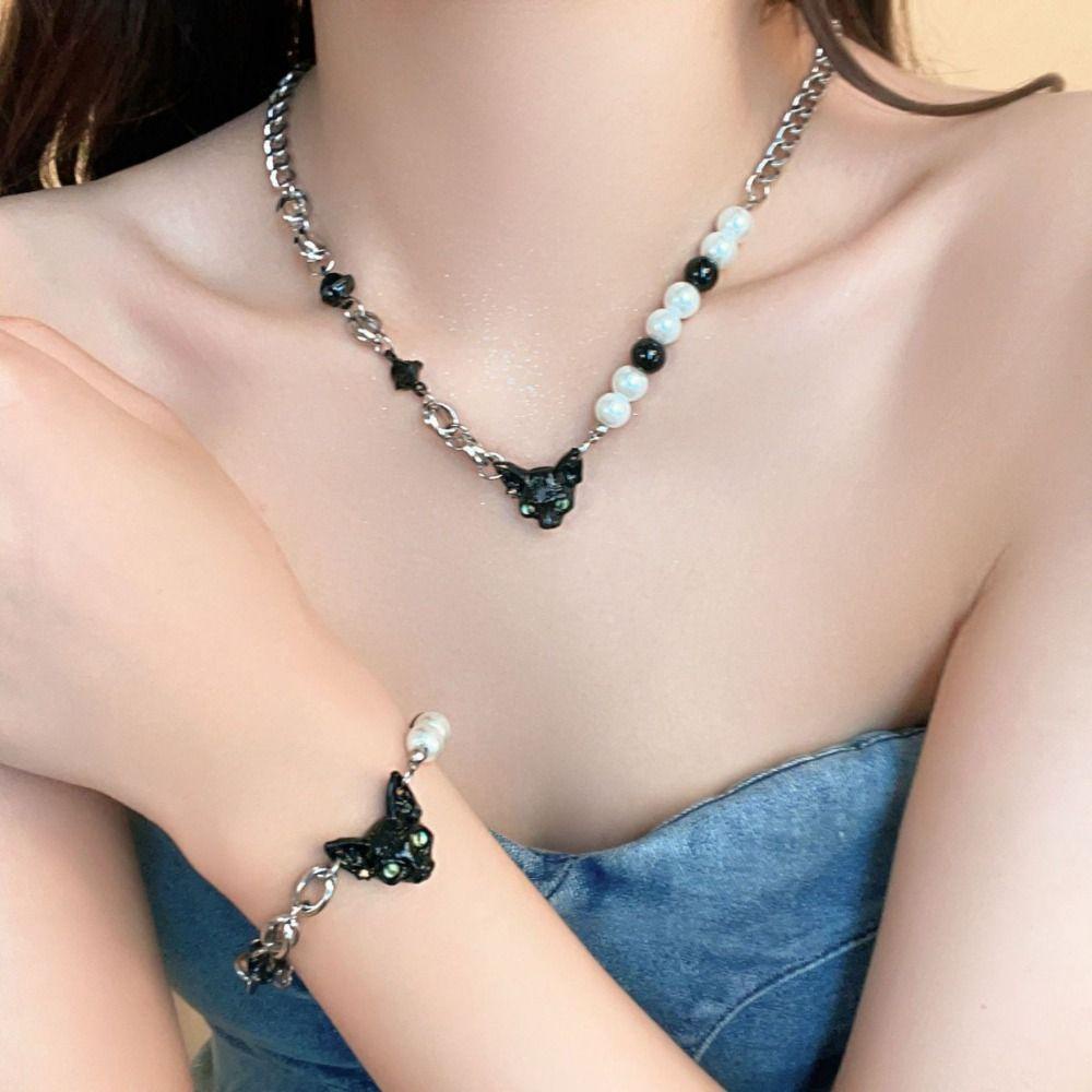 Mxbeauty Hitam Kucing Gelang Kalung Kepribadian Manis Mutiara Manik-Manik Y2K Sweater Rantai Street Wear Gaya Korea Perhiasan Aksesoris Untuk Wanita