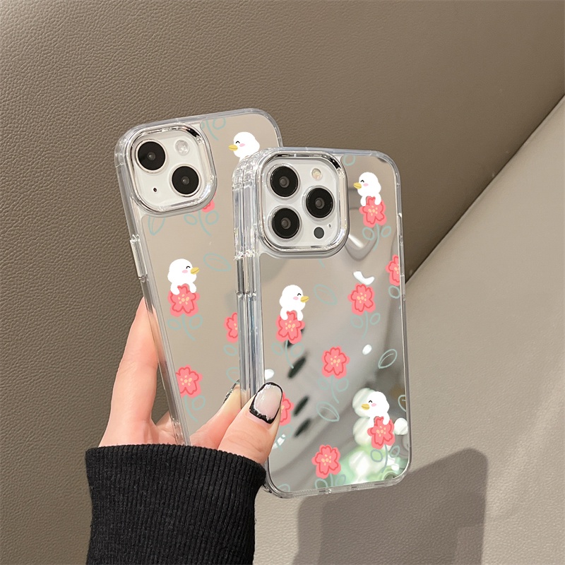 IPHONE Casing Ponsel Cermin Bunga Merah Kompatibel Untuk Iphone11 12 13 14 12Pro 13Pro 14Pro Pro Max XR X XS Max Electroplating Tombol Perlindungan Mirror Cover