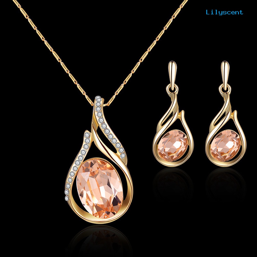 [LS]Wanita Berlian Imitasi Oval Imitasi Kuarsa Liontin Telinga Stud Anting Kalung Set Perhiasan