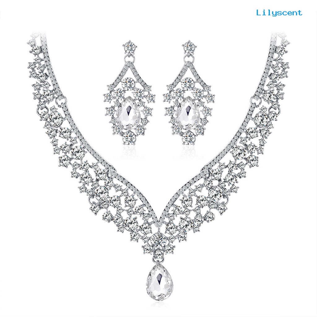 [LS]1 Set Anting Pengantin Kalung Berlian Imitasi Kristal Imitasi Perhiasan Hollow Out Adjustable Choker Necklace Earrings Untuk Pernikahan