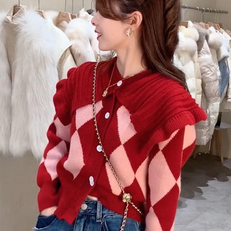 MONA WOMAN KNIT CARDIGAN IMPORT KOREAN STYLE BAJU RAJUT WANITA MUSIM DINGIN - MERAH