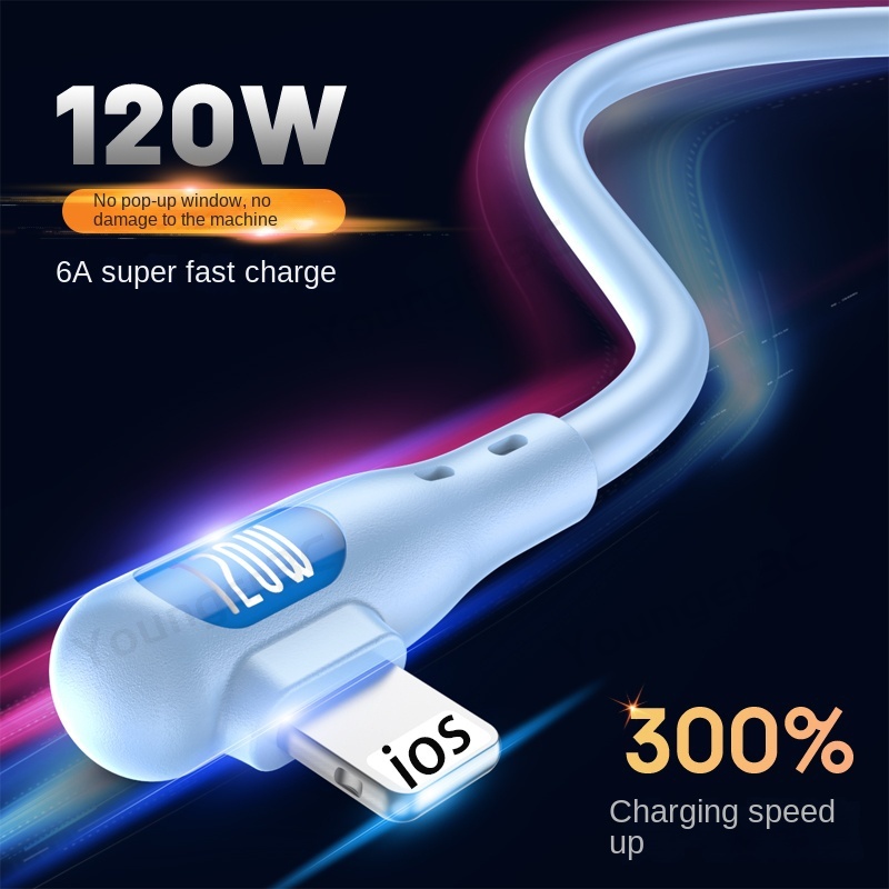 120w Elbow Fast Charging Cable 6A Kabel Data Ponsel Silikon Cair USB Flash Charging Cord Untuk ios Tipe C