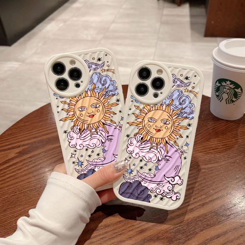 IPHONE Art Sun Moon Water Ripple Phone Case Kompatibel Untuk Iphone11 13 12 14 Pro MAX 14 Plus XR X XS MAX 7Plus 8Plus 7 8 SE 2020 2022 Sarung Tahan Guncangan