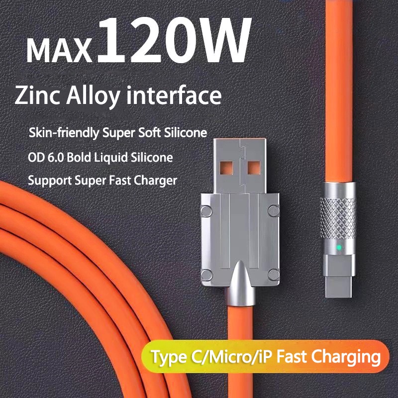 120w 6A Kabel Data Charge Super Cepat USB Liquid Silicone Cable Metal Type C Kabel Pengisian Cepat Micro USB