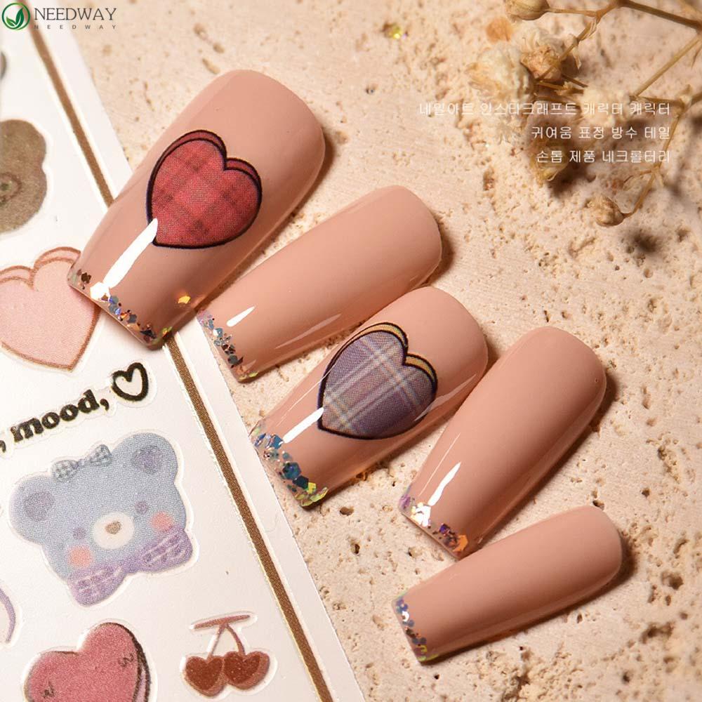 NEEDWAY Stiker Nail Art 3D Warna-Warni Sliders Gadis Kecil Beruang Manikur Aksesoris