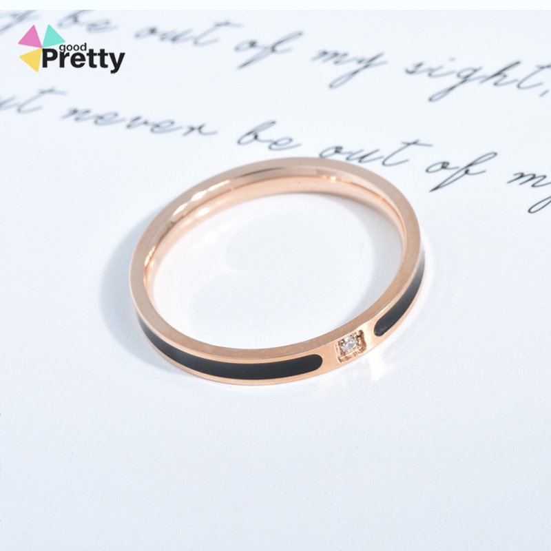 Cincin Wanita Titanium Berlian Imitasi untuk Pria Wanita Stainless Steel Aksen Cincin hitam P