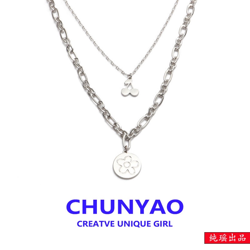 Bunga Sakura Double Layer Layered Kalung Keren Trendi Keren Gadis Hip Hop Jalan Retro Punk Klavikula Rantai