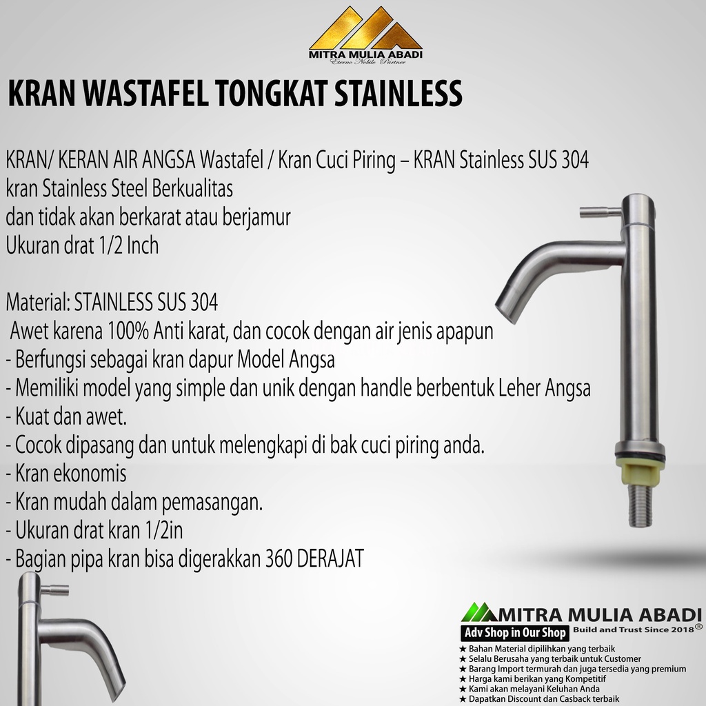 KRAN WASTAFEL TONGKAT STAINLESS SUS 304 BANO - Kran Cuci Piring