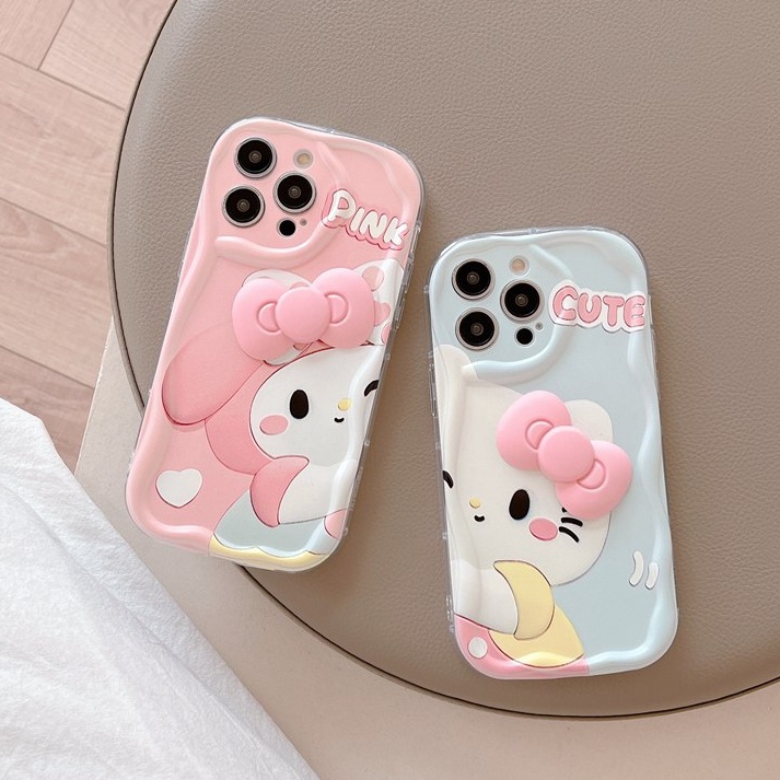 Cream Casing Pink Melody Kitty Bow Popsocket Soft Case HP iP iPhone 6 6S 7 8 14 + Plus SE 2020 2022 X XS XR 11 12 13 Pro Max Girl Woman