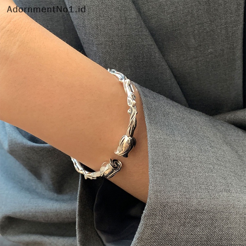 [AdornmentNo1] Warna Silver bunga mawar keren gelang pembukaan Bangle Vintage sederhana kepribadian kreatif Chic pesta perhiasan untuk wanita hadiah