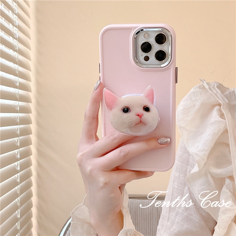 Compatible for IPhone 14 13 12 11 Pro Max X Xr Xs Max 7 8 6s 6 Pus Soft Cover Simple Style Solid Color Phone Case with Cat Pattern Shape Bracket