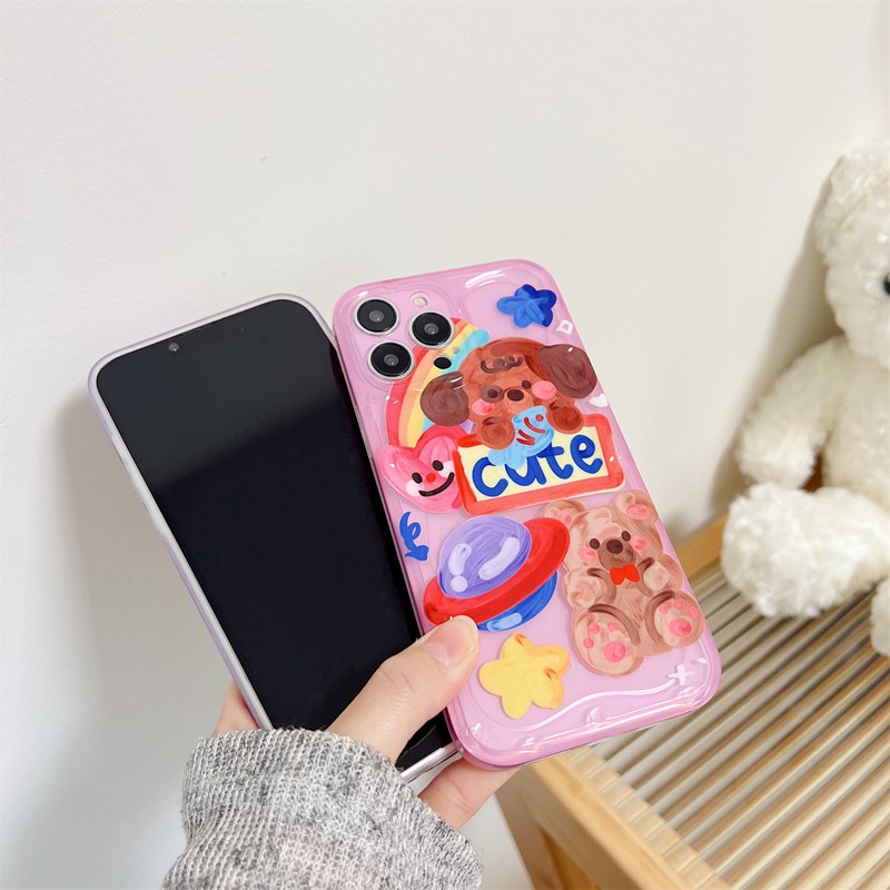 Cute Oil Painting Bear Soft TPU Case HP iP iPhone 12 13 14 Pro Max 11 FTD Girl Woman Casing Apple