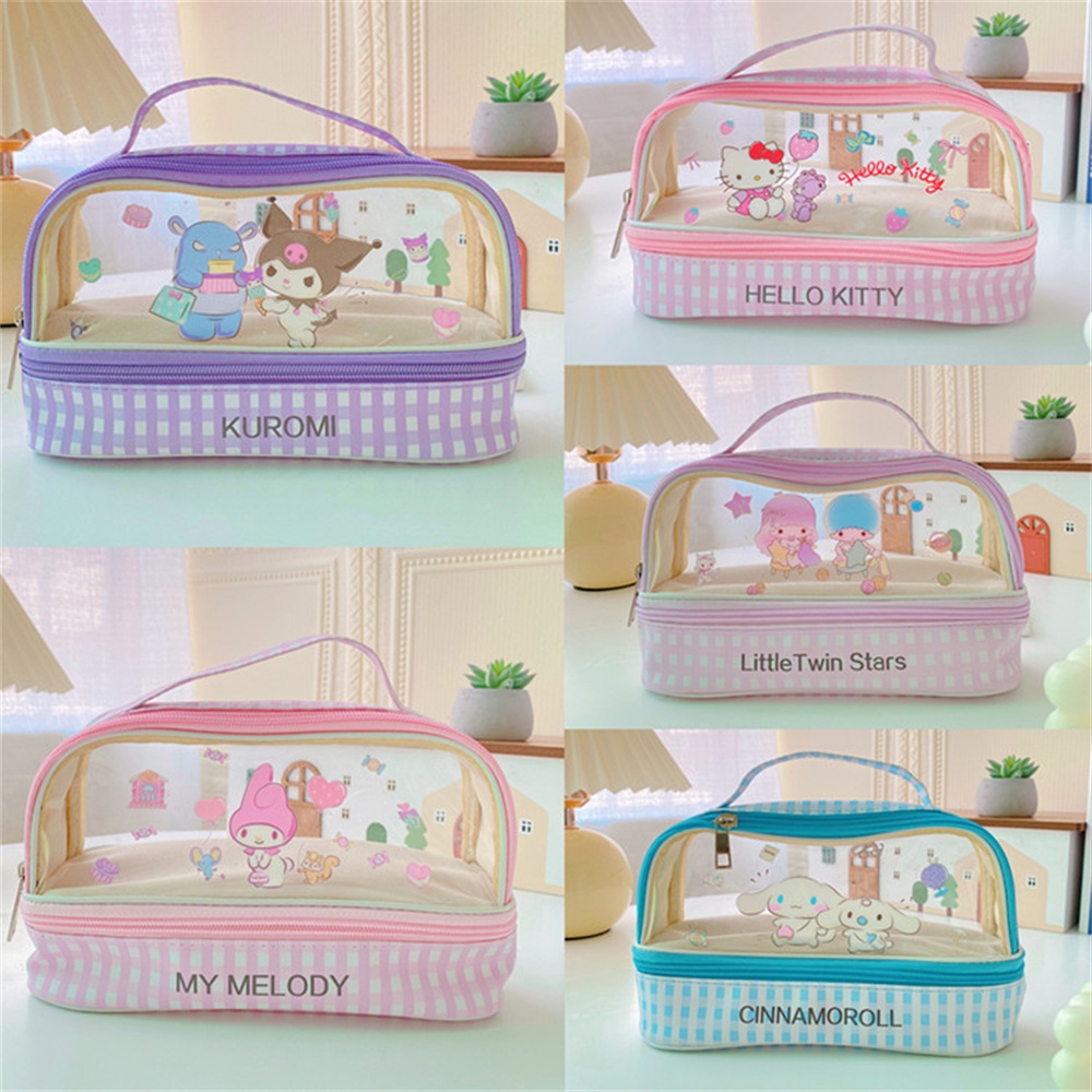 ღ Sanrio Tempat Pensil Lapisan Ganda Kuromi Pochacco Melody Tas Pensil Portabel Pvc Kapasitas Besar Tas Penyimpanan Transparan Lucu Tiga Dimensi