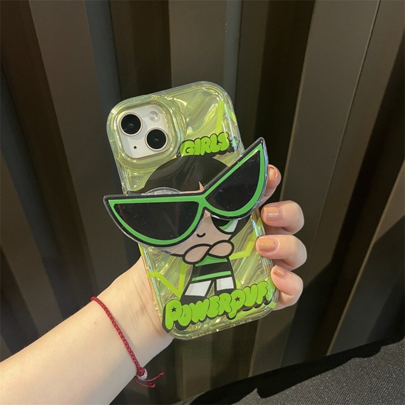 【The Powerpuff Girls】So Cool Laser Wave Gradient Silver Airbag SoftCase IPhone 11 12 13 14 Pro Max X XR XS MAX 14 Plus Girl Women's Fashion Cute Phone Case Gift Popsocket Sunglasse