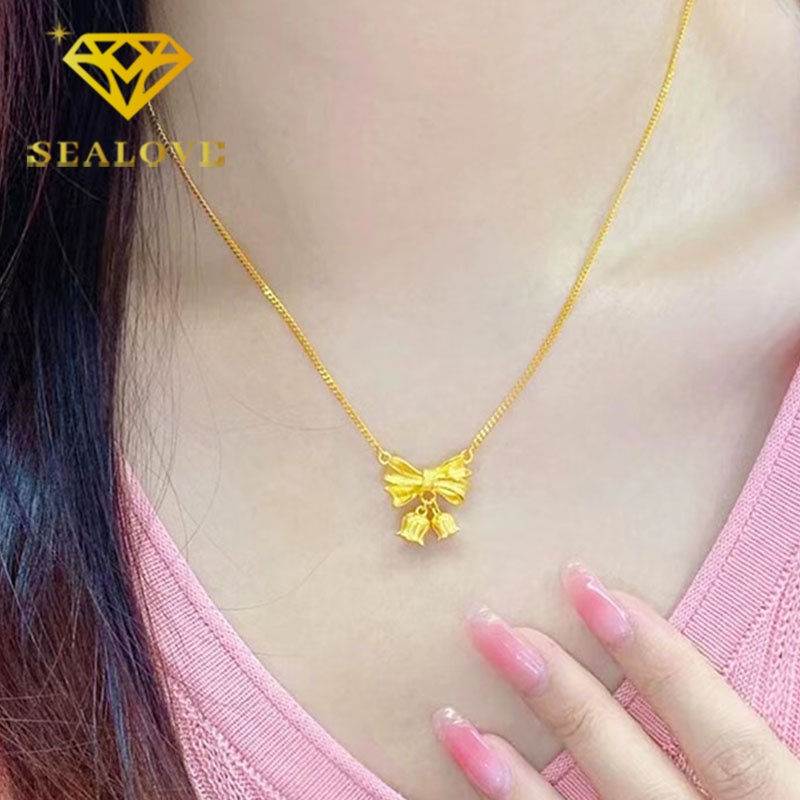 Kalung Titanium Bunga Pita Cantik Aesthetic Korea Emas 18K Anti Karat Aksesoris Wanita Perhiasan Fashion