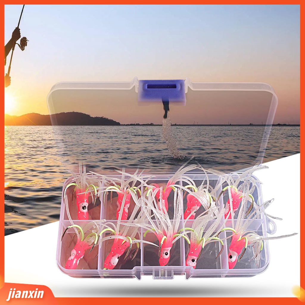 (In Stock) 10 Pcs Tajam Barber Gantung Lubang Compact Empat Cakar Lure Hooks Lembut Silikon Bercahaya Gurita Umpan Cumi Rok Jigging Kait Perlengkapan Memancing